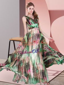 Multi-color Empire V-neck Sleeveless Printed Floor Length Lace Up Pattern Prom Dress