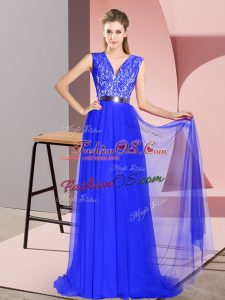Sleeveless Tulle Sweep Train Zipper Evening Dress in Royal Blue with Beading and Lace