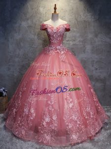 Ideal Floor Length Watermelon Red Sweet 16 Dress Off The Shoulder Sleeveless Lace Up