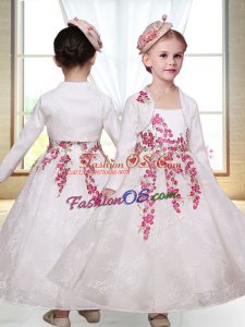 Artistic Embroidery Toddler Flower Girl Dress White Zipper Sleeveless Ankle Length