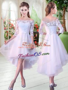 Off The Shoulder Half Sleeves Tulle Evening Dress Appliques Lace Up