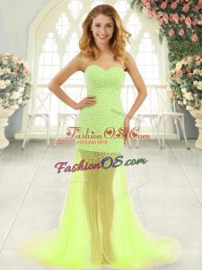Tulle Sweetheart Sleeveless Brush Train Zipper Beading Prom Gown in Yellow Green