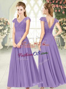 Colorful V-neck Cap Sleeves Prom Dresses Ankle Length Lace Lavender Chiffon
