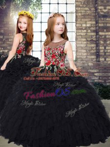 Unique Sleeveless Organza Floor Length Zipper Girls Pageant Dresses in Black with Embroidery and Ruffles