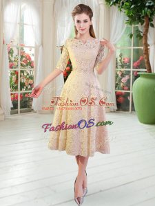 Half Sleeves Lace Tea Length Zipper Prom Dress in Champagne with Beading