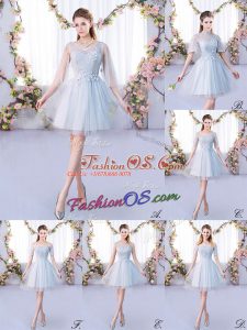 Clearance A-line Quinceanera Court of Honor Dress Grey Scoop Tulle 3 4 Length Sleeve Mini Length Lace Up