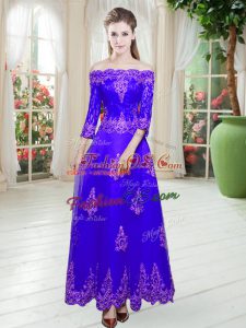 New Arrival 3 4 Length Sleeve Tulle Floor Length Lace Up Prom Dresses in Purple with Lace