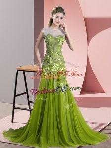 Custom Made Sweep Train A-line Olive Green Scoop Tulle Sleeveless Backless