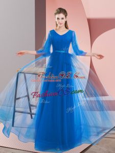 Extravagant Blue Tulle Lace Up Homecoming Dress Long Sleeves Floor Length Beading
