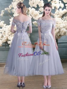Tulle Off The Shoulder Short Sleeves Lace Up Lace and Appliques Prom Gown in Grey