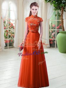 Cheap High-neck Cap Sleeves Tulle Prom Dresses Appliques Lace Up
