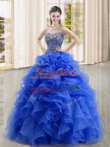 Blue Sleeveless Beading and Ruffles Floor Length Ball Gown Prom Dress