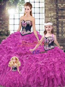 High Class Sleeveless Embroidery and Ruffles Lace Up Sweet 16 Dresses with Fuchsia
