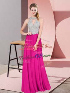Stunning Fuchsia Chiffon Zipper High-neck Sleeveless Floor Length Prom Gown Beading