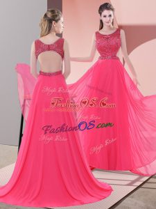 Coral Red Chiffon Backless Sleeveless Sweep Train Beading