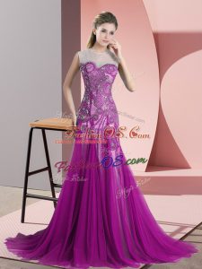 Fancy A-line Sleeveless Purple Prom Dress Sweep Train Backless