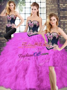 Fuchsia Three Pieces Tulle Sweetheart Sleeveless Beading and Embroidery Floor Length Lace Up Quince Ball Gowns