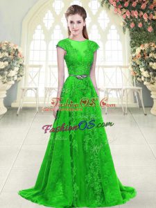 Affordable Green Zipper Scoop Beading and Lace and Pick Ups Prom Gown Tulle Cap Sleeves