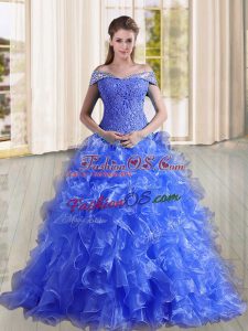 Pretty Blue Sweet 16 Dresses Off The Shoulder Sleeveless Sweep Train Lace Up