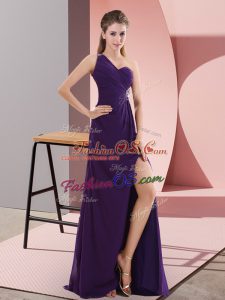 Chiffon One Shoulder Sleeveless Sweep Train Backless Beading and Ruching in Purple