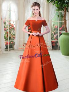 Delicate Orange Red Off The Shoulder Lace Up Belt Prom Dress Short Sleeves