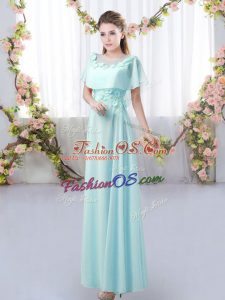 Latest Aqua Blue Quinceanera Court Dresses Prom and Party and Wedding Party with Appliques Scoop Short Sleeves Zipper