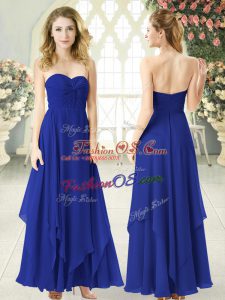 Ankle Length Royal Blue Prom Evening Gown Chiffon Sleeveless Ruching