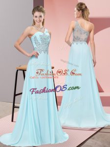 Baby Blue Empire Chiffon One Shoulder Sleeveless Beading Side Zipper Prom Evening Gown Sweep Train