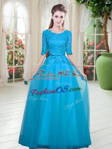 Blue Half Sleeves Floor Length Lace Lace Up Prom Dress