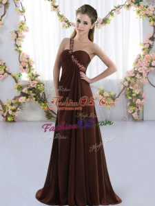 Brush Train Empire Quinceanera Dama Dress Brown One Shoulder Chiffon Sleeveless Lace Up