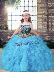 Ball Gowns Little Girl Pageant Gowns Baby Blue Straps Tulle Sleeveless Floor Length Lace Up