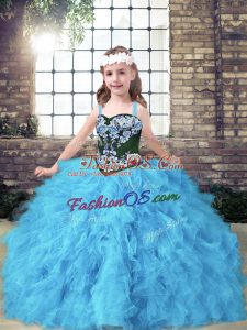Ball Gowns Little Girl Pageant Gowns Baby Blue Straps Tulle Sleeveless Floor Length Lace Up