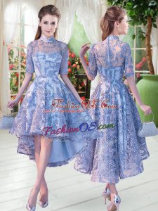 Ideal Blue Lace Up Prom Gown Half Sleeves High Low Appliques