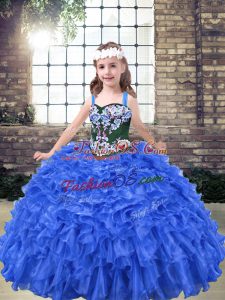 Blue Ball Gowns Straps Sleeveless Organza Floor Length Lace Up Embroidery and Ruffles Kids Formal Wear