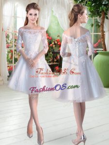 Knee Length White Dress for Prom Off The Shoulder Half Sleeves Lace Up