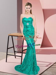 Artistic Sleeveless Sequined Sweep Train Lace Up Prom Evening Gown in Turquoise with Beading