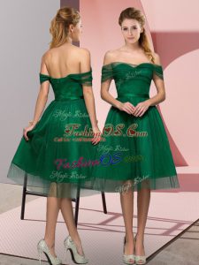Off The Shoulder Sleeveless Evening Dress Tea Length Beading and Lace Green Tulle