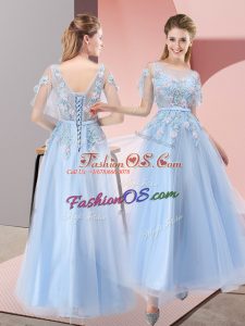 Light Blue Lace Up Scoop Appliques Homecoming Dress Tulle Short Sleeves
