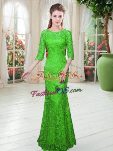 Green Mermaid Scoop Half Sleeves Floor Length Zipper Lace Prom Gown