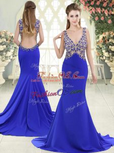V-neck Sleeveless Prom Gown Sweep Train Beading Blue Elastic Woven Satin