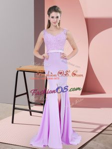 Top Selling Lilac Prom Party Dress Chiffon Sweep Train Sleeveless Beading and Lace