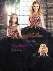 Trendy Black Scoop Neckline Embroidery and Ruffles Sweet 16 Dresses Sleeveless Zipper