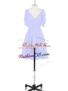 Fantastic Baby Blue Chiffon Backless V-neck Short Sleeves Mini Length Prom Dresses Ruching