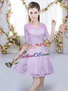 Low Price Lavender Zipper V-neck Belt Bridesmaid Dress Lace Half Sleeves