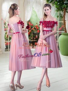 Fitting Pink Tulle Lace Up Prom Party Dress Sleeveless Tea Length Appliques