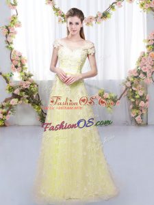Light Yellow Lace Up Off The Shoulder Appliques Bridesmaid Dress Tulle Cap Sleeves