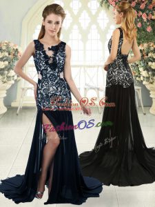Luxury Navy Blue Scoop Backless Lace Evening Dress Brush Train Sleeveless
