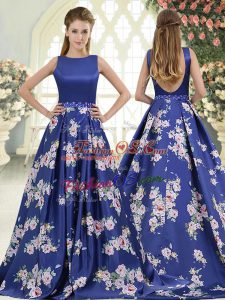 Royal Blue A-line Printed Scoop Sleeveless Beading and Pattern Backless Brush Train