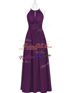 Trendy Purple Empire Halter Top Sleeveless Chiffon Floor Length Ruching