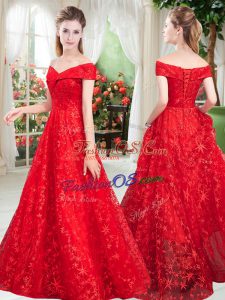 Latest Red Lace Lace Up Off The Shoulder Sleeveless Floor Length Prom Gown Beading